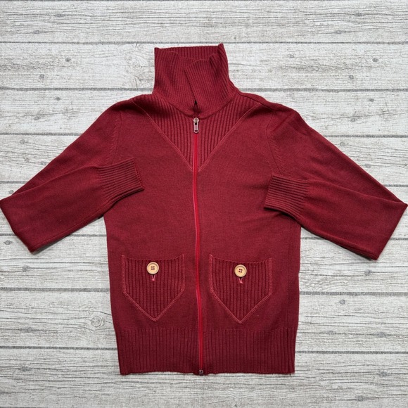 Rodier Paris Sweaters - Vintage Rodier Paris Sweater Women's XS Burgundy Zip Up Mockneck Knit Cardigan